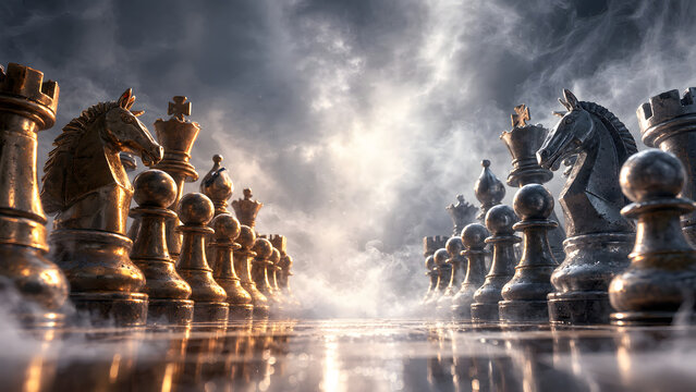 Chess Figures on Dark Background with Smoke and Fog, Epic Chess Game Illustration, Dramatic Chess Pieces, Strategic Battle, Mind Game, Competition, Power and Leadership Concept
