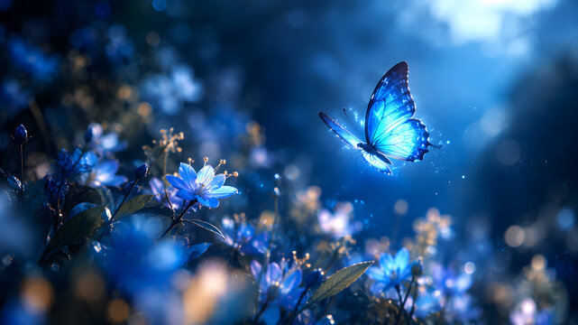 Blue Aesthetic Wallpaper with Glowing Blue Butterfly Fluttering over Dreamy Blurred Flowers, Ethereal Nature Background