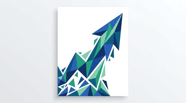 Geometric low poly upward arrow with blue and green triangles on white background business growth success concept vector