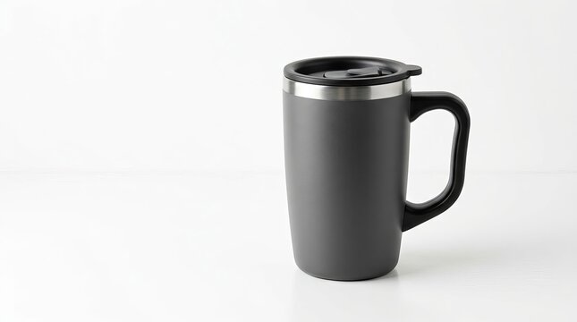 Modern Gray Insulated Travel Mug with Handle on White Background.