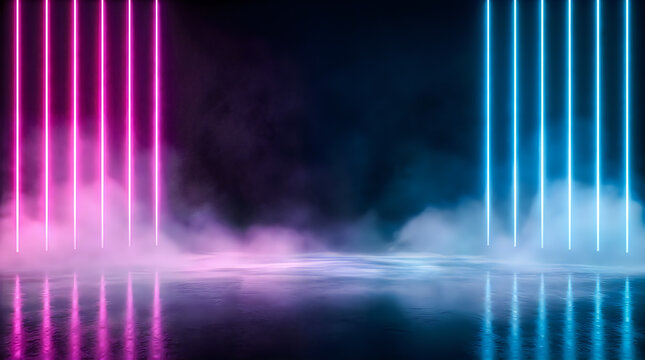 Abstract background with glowing vertical neon lines in pink and blue colors with smoke and reflections