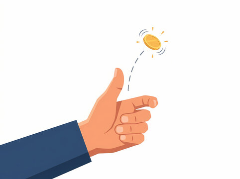 A hand in a business suit sleeve flipping a gold coin into the air.