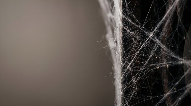 Macro shot of thick white cobwebs and spiderwebs in a dark gloomy room creating a spooky and abandoned background texture