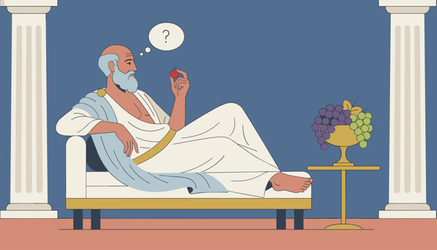 Ancient Greek philosopher reclining on a couch with a thought bubble while holding a fruit near a bowl of grapes.