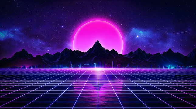 Retro synthwave landscape with a glowing pink sun over a digital horizon and starry night sky