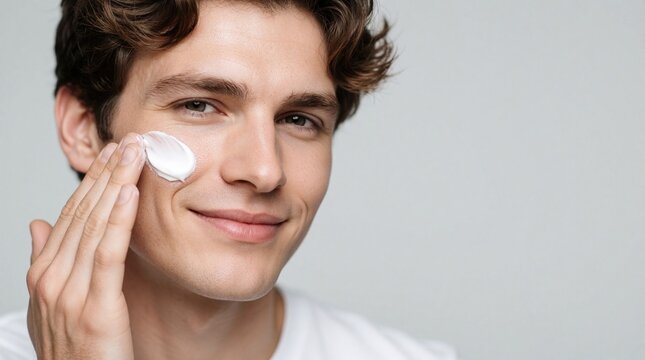 Young handsome man applies white face cream on cheek. Male model uses skincare lotion for healthy skin care routine. Close up portrait of attractive guy daily grooming, moisturizing face in