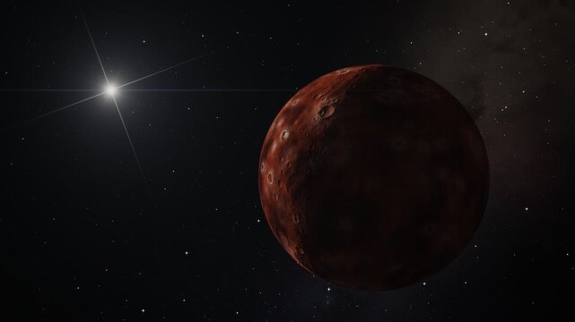 Distant Red Dwarf Planet Orbiting Bright Star In Deep Space Universe