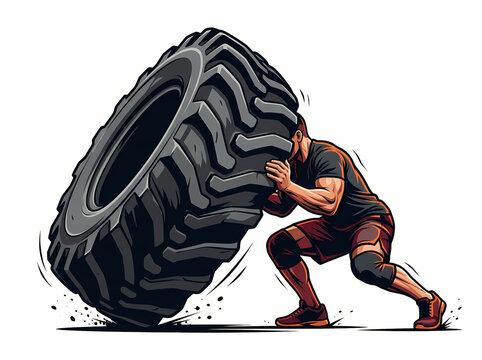 A muscular athlete performing a heavy tire flip exercise.