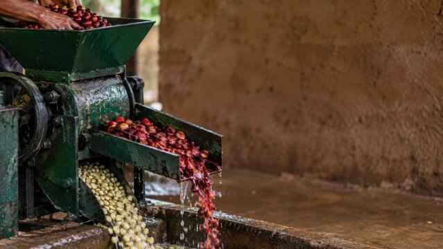 Close-up of hand processing red and green coffee bean with vintage metal coffee pulper machine on brown floor