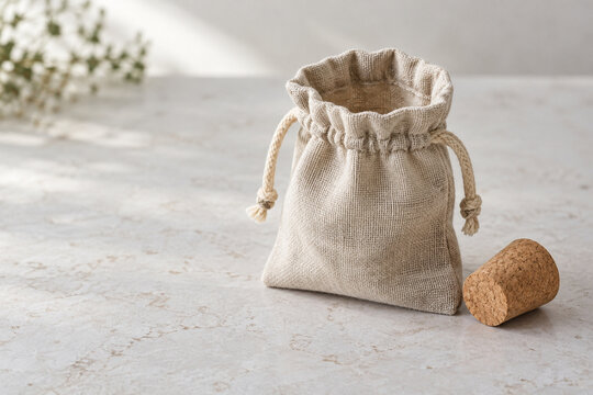 Open linen pouch beside a cork stopper