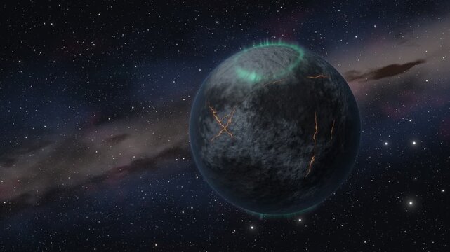 Rogue planet drifting through deep space with glowing aurora