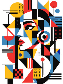 Abstract geometric portrait of a woman featuring primary colors and constructivist shapes with circles and lines on a white background for modern art posters and creative design projects.
