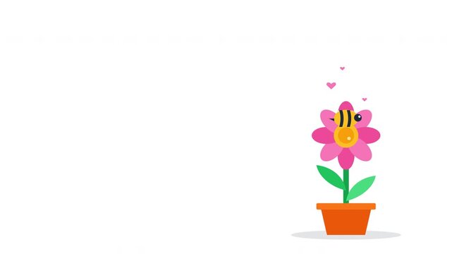 Minimalist animation of a bee flying around a potted pink flower