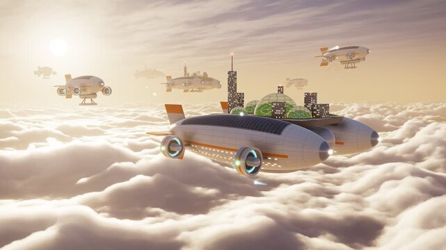 Floating cloud city habitat in Venus upper atmosphere with airship borne habitats above clouds
