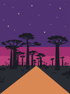 A flat vector illustration of an open landscape with baobab trees at night providing copy space for your creative design ideas.