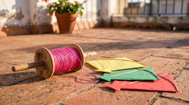 Wooden kite spool with pink string and paper kites on a terrace