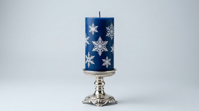 Elegant dark blue candle with snowflake design on ornate silver candlestick
