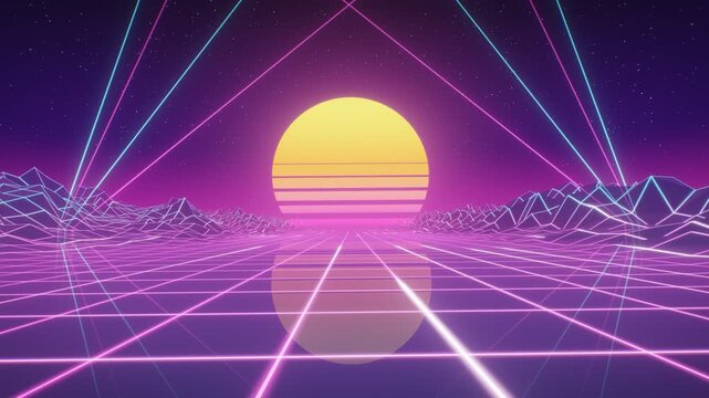 80s Retro Synthwave Laser Grid Background Neon Wireframe Mountains Striped Sunset