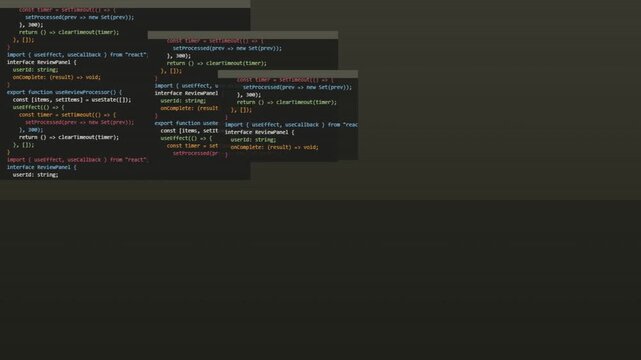 Software source code scrolling across computer screens in dynamic digital motion video footage showing programming development workflow