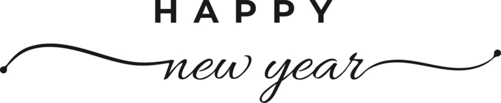 happy new year elegant black calligraphy lettering with decorative swashes on white background