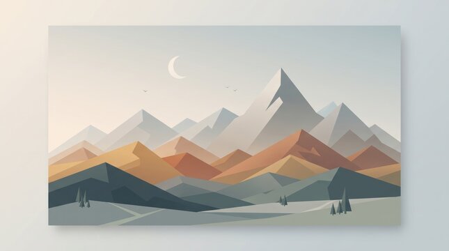 Minimalist low poly mountain landscape wall art poster with a crescent moon, geometric peaks, misty valley, evergreen trees, tranquil outdoor nature scenery, and pastel color palette background