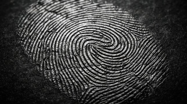 Macro close-up of a detailed fingerprint showing unique human biometric dermal ridge patterns on a dark textured surface, highlighting personal identity verification and forensic science