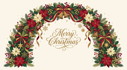 Festive christmas archway with poinsettias, holly, bells, and ribbons © Saharia