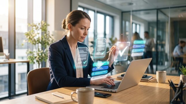 Professional businesswoman working on a laptop at a bright modern office desk, interacting with futuristic holographic digital interface elements showing document icons, checklists