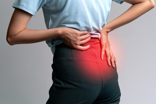 Person experiencing lower back pain, with glowing red area indicating discomfort