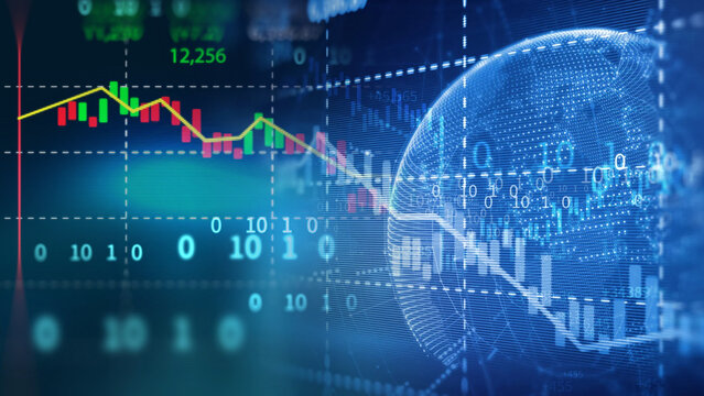 Global digital finance market and international stock trading. Worldwide economic business grid, electronic share valuation, and global investment technology alongside corporate banking network. 