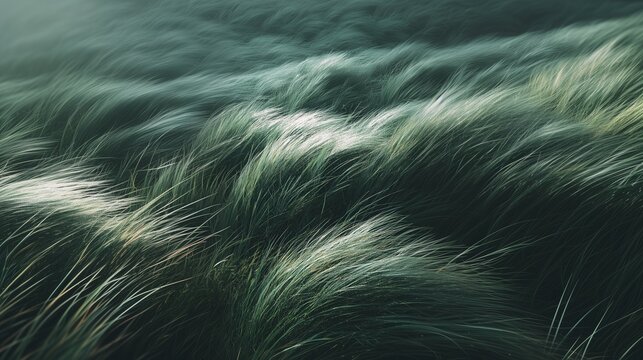 Dense green grass bends in flowing waves across a field under strong wind in a close up view.