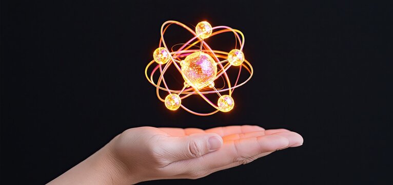 In a science lab setting, a hand holds a luminous molecular structure with rotating elements, symbolizing futuristic research.