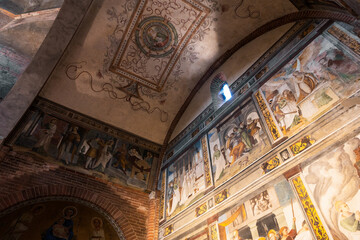 Veduta di Pavia, a masterpiece of Renaissance painting, fresco inside the Basilica di San Teodoro in Pavia © Ldgfr Photos