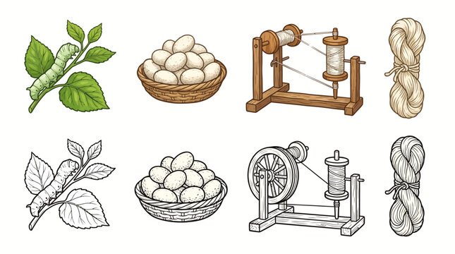 Vintage hand drawn illustration set of sericulture and silk production process including silkworm caterpillar mulberry leaves cocoons and raw yarn