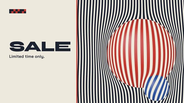 A repeating pattern featuring bold red and white striped spheres set against a background of black and white wavy lines, advertising a sale in the lower left corner