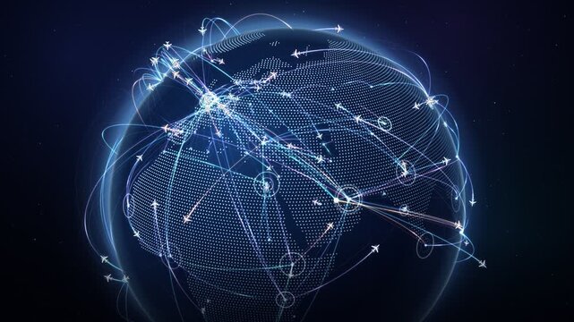 Flight route arcs animation featuring glowing airplane paths across a dotted earth globe network