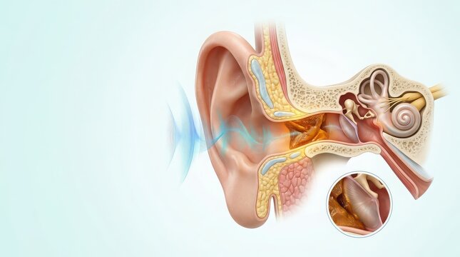 Human ear anatomy with sound waves entering and vibrating eardrum and inner ear structures hearing