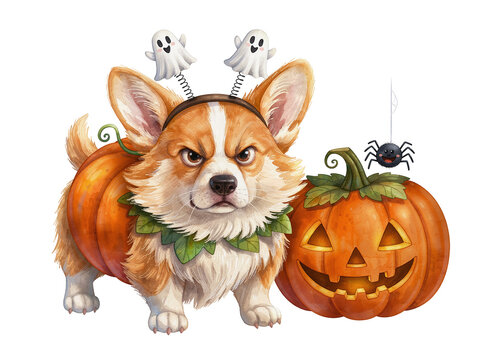 Displeased Pembroke Welsh Corgi dog in a Halloween costume next to a pumpkin. Watercolor clipart, isolated on a transparent background.