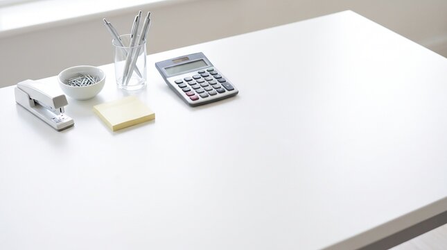 White desk with stapler calculator pens and sticky notes office supplies