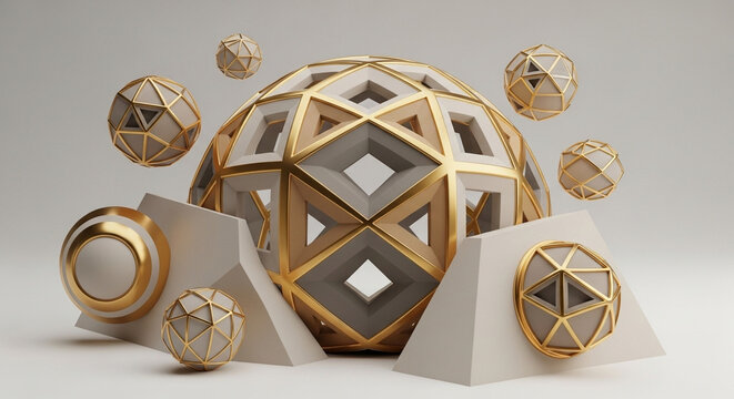 A stunning artistic arrangement of three-dimensional geometric polyhedral spheres adorned in shimmering metallic gold accents creating an exquisite futuristic visual experience for viewers