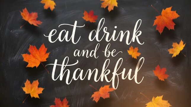 A festive happy thanksgiving greeting card featuring autumn leaves and the phrase eat drink and be thankful for thanksgiving