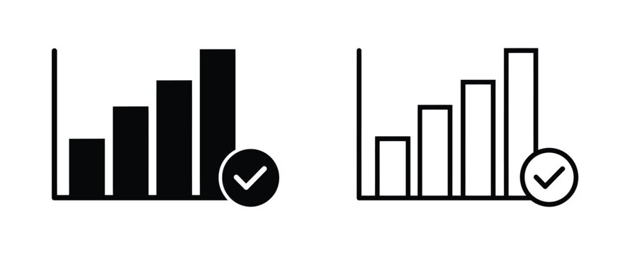Bar Chart Checkmark Icon for Successful Data Verification, Report Completion, Business Analytics, and Performance Tracking