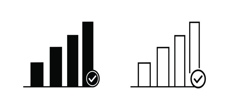 Bar Chart Checkmark Icon for Successful Data Verification, Report Completion, Business Analytics, and Performance Tracking
