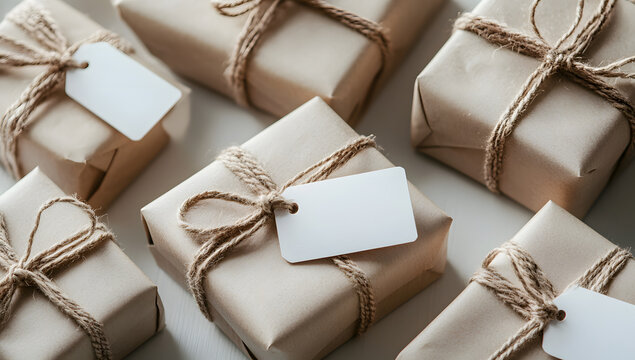Small wrapped gifts with blank tags close-up, celebration, minimal, elegant, festive.

