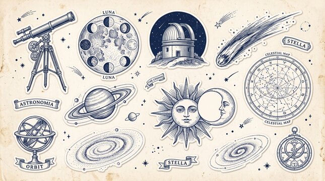 AI vintage astronomy engraving set, celestial chart clip art