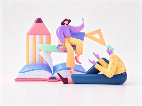 3D illustration of teachers and students in online education