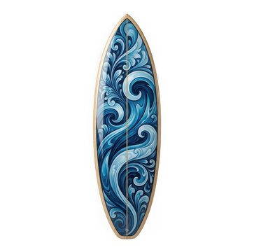 Surfboard with blue swirling wave pattern design isolated on transparent background
