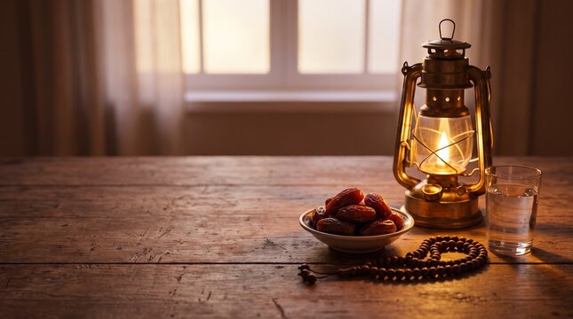 Traditional Ramadan iftar table setup with dates, prayer beads, and a lit vintage lantern