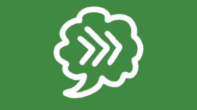 Cloud speech bubble fast-forward arrow hand-drawn cartoon graphic with chalk outline isolated on green screen background for double forward arrow symbol and fast motion idea icon.
