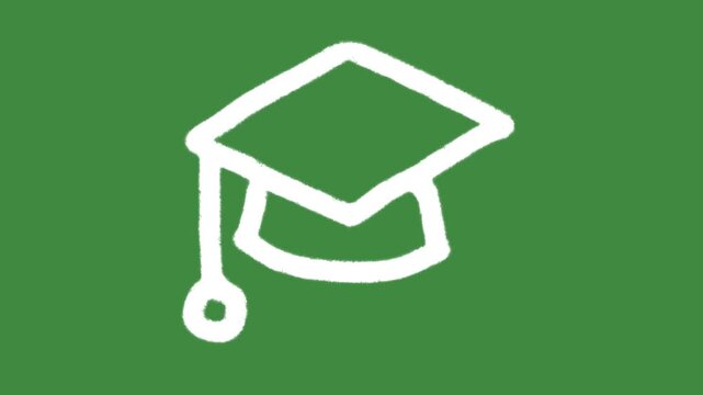 Graduation cap academic education school hand-drawn cartoon graphic with chalk outline isolated on green screen background for school classroom university graduation day symbol.